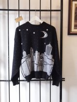 eof- suddenly seeking sweater girls- black and silver sequin graphic metallic city scape sweater
