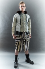 The Eye of Faith- Fashion Design- Distress Denim Handpainted Bomber Jacket: Stripe Linen Tie Shorts